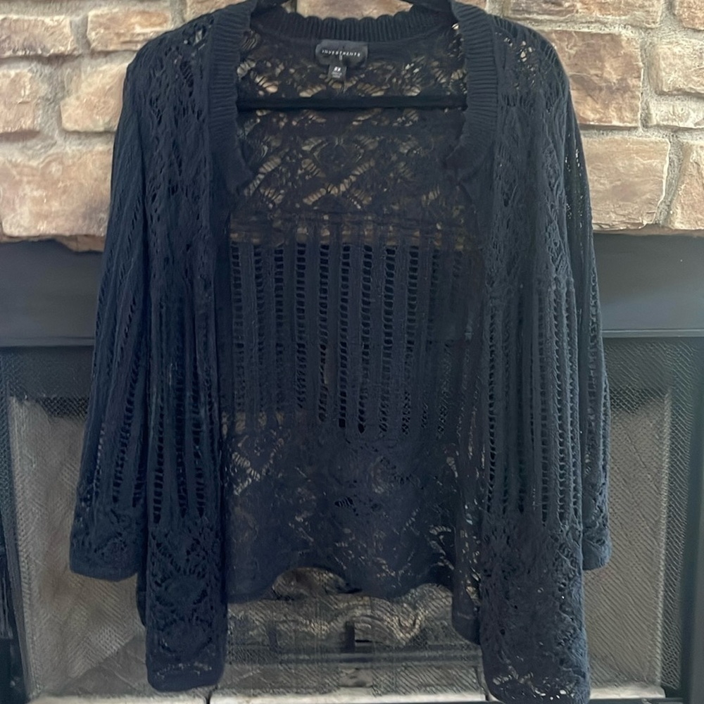 Investments black see through hi-low cardigan. Size 2X